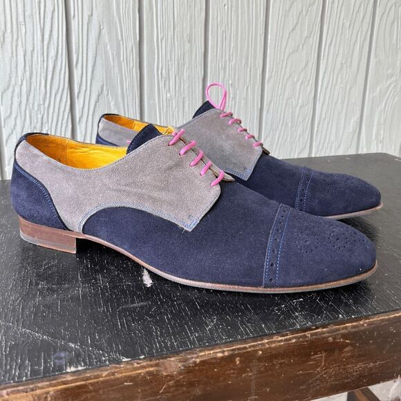 Undandy Navy Gray Suede Derby Shoes Sz 45/11.5 Pink Laces Yellow Lining - Picture 13 of 14